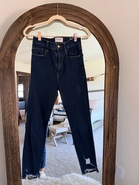 Frame Denim Straight Leg Jeans in Dark Indigo with Distressed Hems
